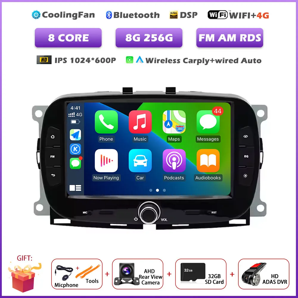 Carplay Android 16 Auto autoradio voor Fiat 500 2016-2019 multimediaspeler met BT stereo, GPS navigatie en FM