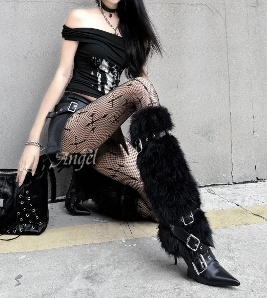 Autumn/Winter New Women's Black Fur Knee High Boots Pointed Toe Stiletto Belt Buckle Strap Decor Street Style Sexy Long Boots