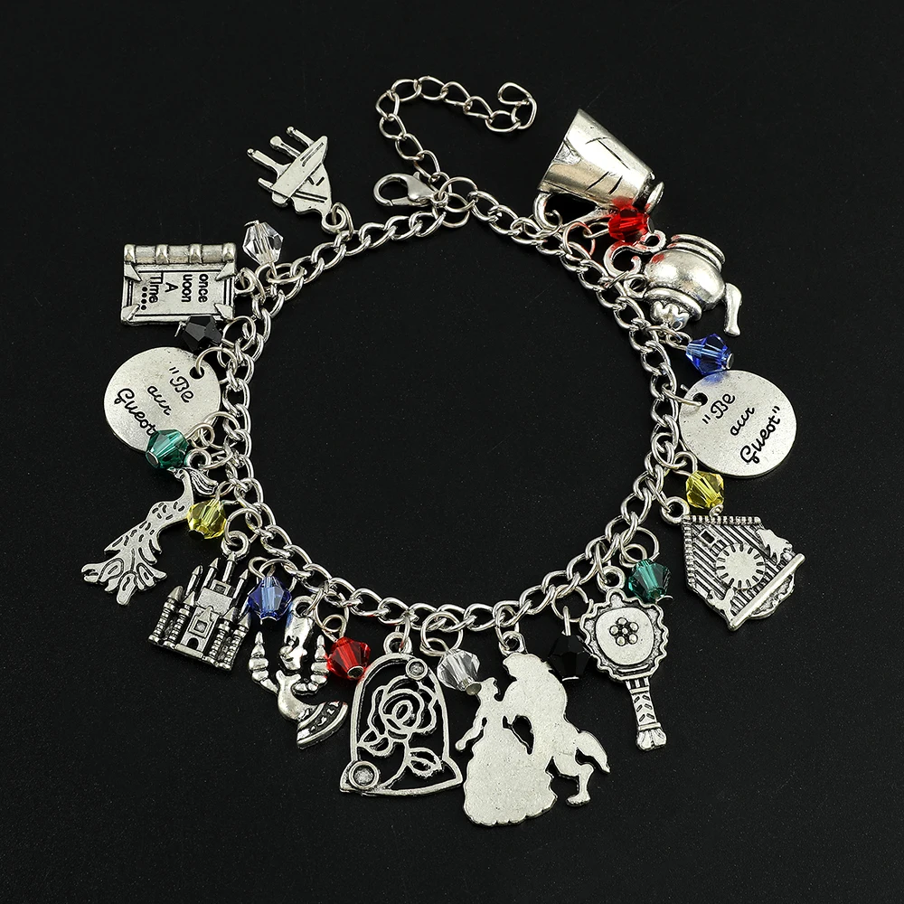 Disney Beauty and the Beast Charm Bracelet Belle Princess Rose Flower Adjustable Bangle Bracelet for Women Jewelry Accessory