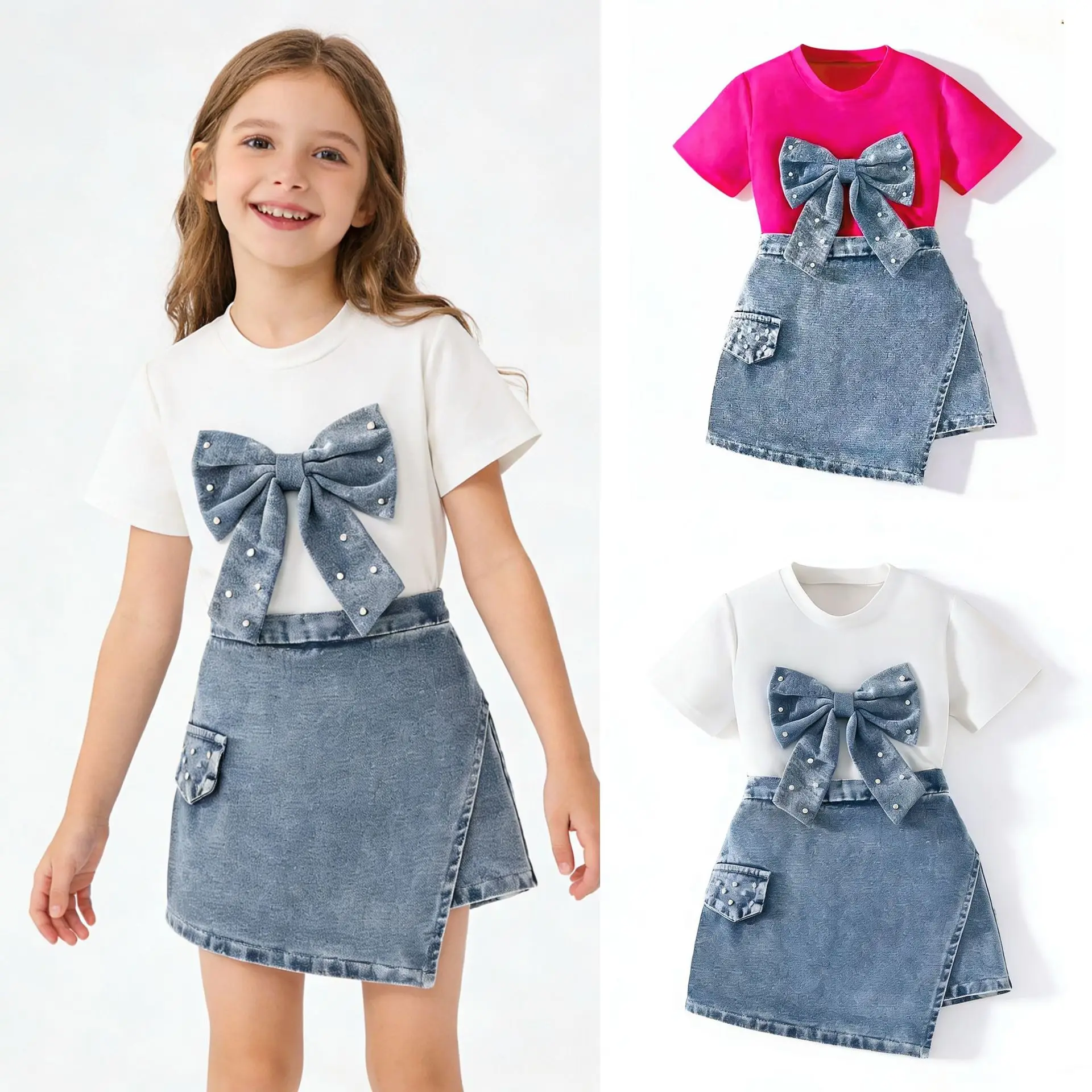 children's-clothing-children's-suit-girls-bow-pearl-t-shirt-fashion-denim-culottes-two-piece-set