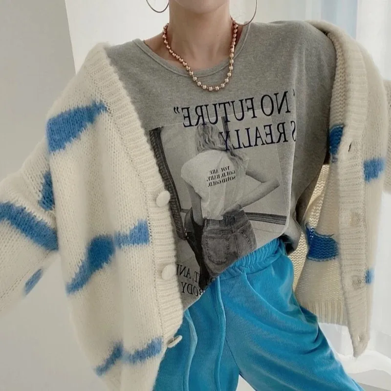 Fashion V-neck Knitted Striped Cardigan Sweater Autumn Women Loose Jackets Winter Elegant Casual Long Sleeve Coats Knitwear Top