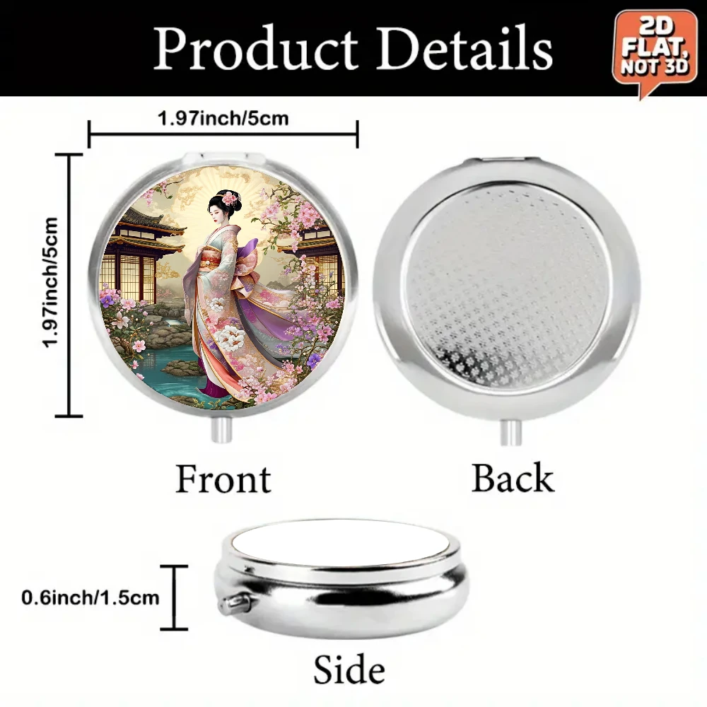 A Two-Dimensional Flat Pill Box with a Beautiful Japanese Geisha and Cherry Blossom Design, Featuring Three Compartments, Suitable for Safely Carrying Medication during Travel and Outdoor Activities