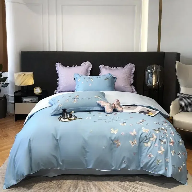 Light luxury embroidered Butterfly King Queen Size Bedding Set 4 pcs Duvet/ Comforter Cover Bed Sheet fittedsheet Set pillowcas