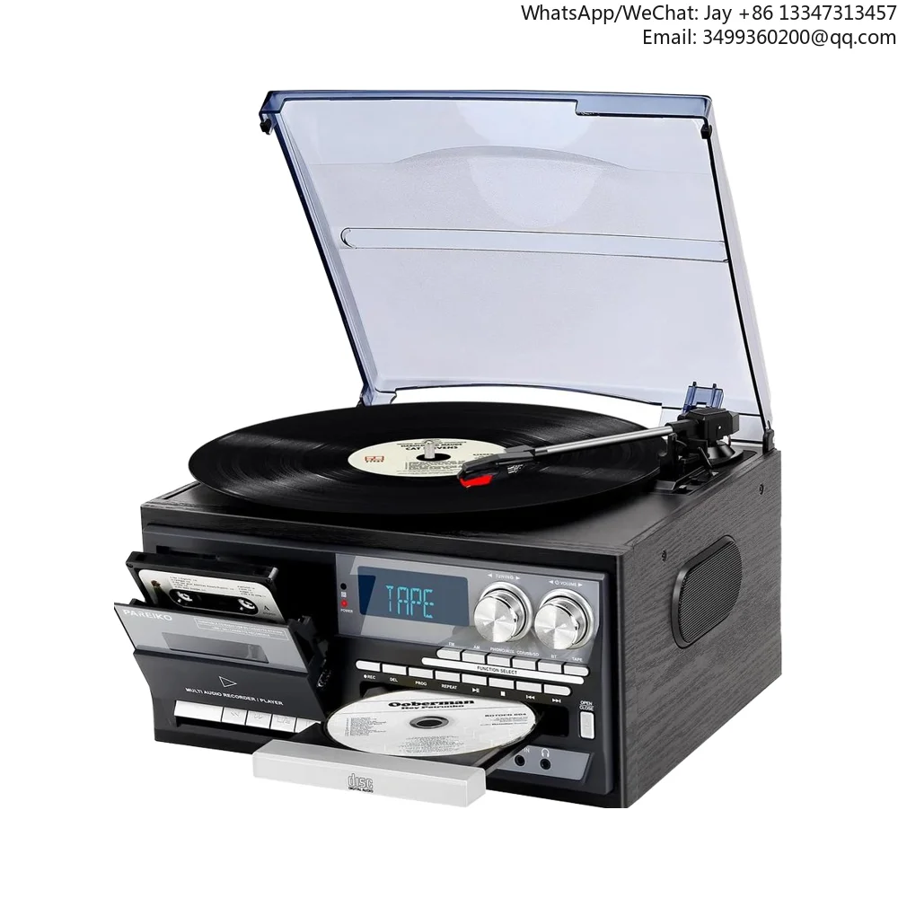 

Vintage 9-in-1 Record Player Built-In Speakers AM/FM Radio USB/SD Playback Remote Control Aux RCA Inputs Headphone Jack