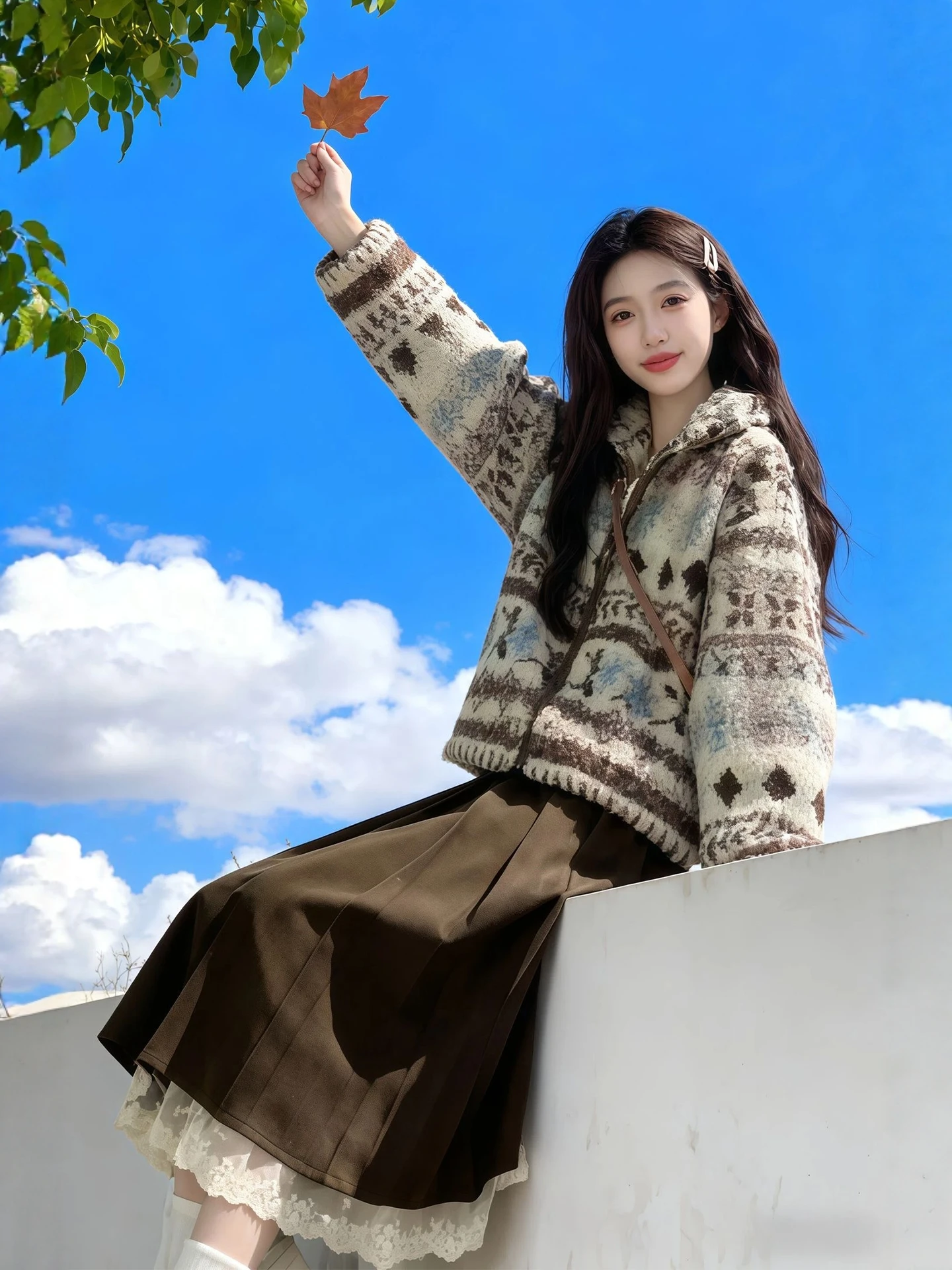 

Fluffy Outerwear And Pleated Skirt Set for plus Size Women Faionable Retro Winter Outfit High Waist Warm And Sli