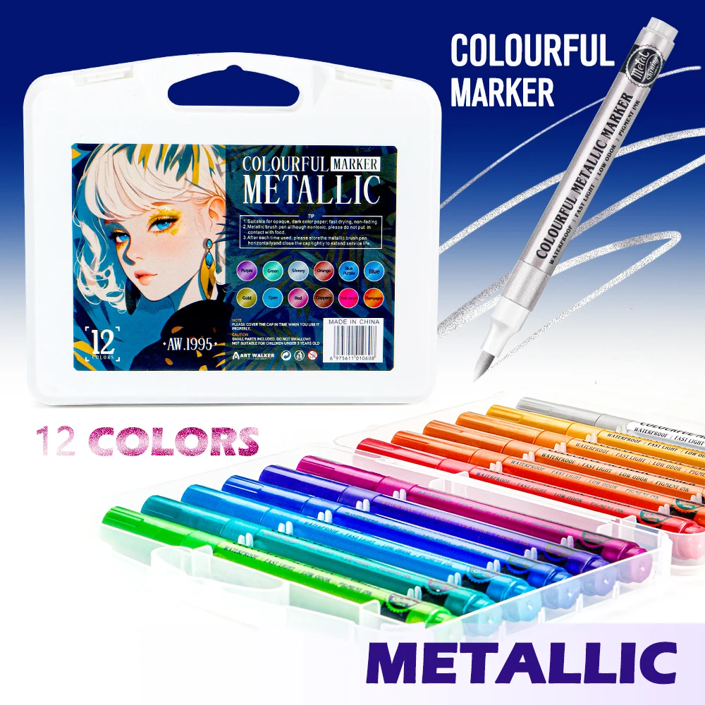 

12 Colors Metallic Markers Set Waterproof Non toxic DIY Projects Rock Art Glass Decorative Painting Quick Dry DIY Paint Supplies