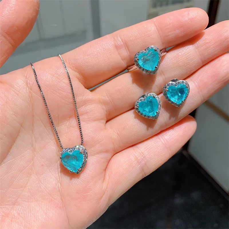 CC Fine Jewelry Sets for Women Pendant Necklace Earring Ring 3pcs Created Topaz Blue Rhinestone Party Accessories Gift