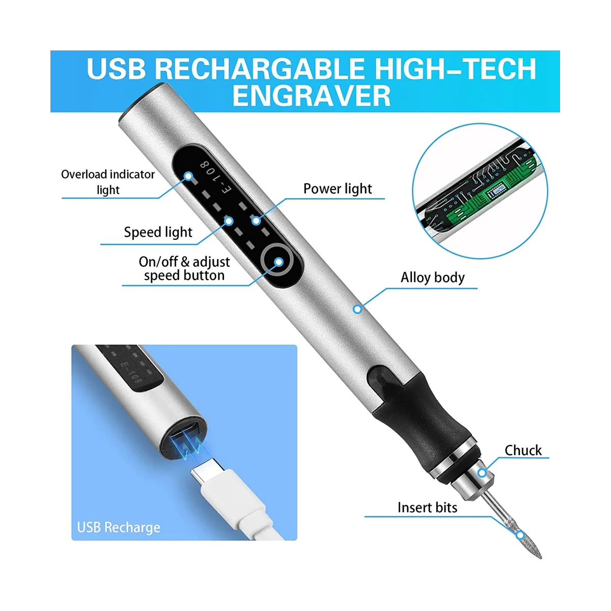 Penna per incisione ricaricabile USB da 2 pezzi con punte macchina per incisione Cordless elettrica per gioielli in legno pietra di vetro ceramica