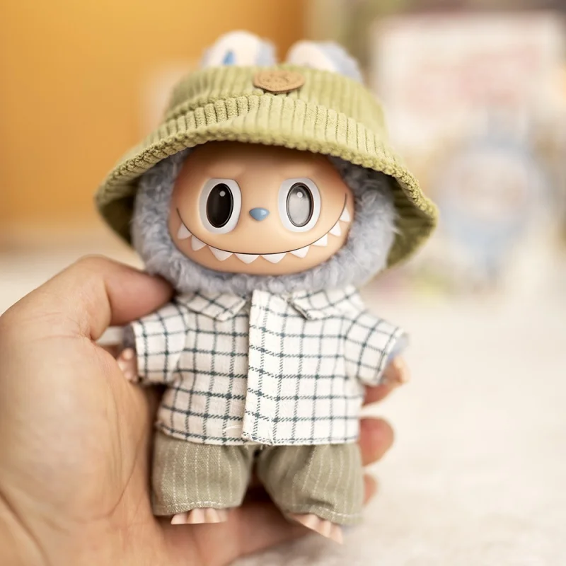 Labubu 17cm I Ii Mini Fashion Plaid Slacks Corduroy Hat Suits Series Cute Doll Clothes Sitting Party Clothing Accessories Gift