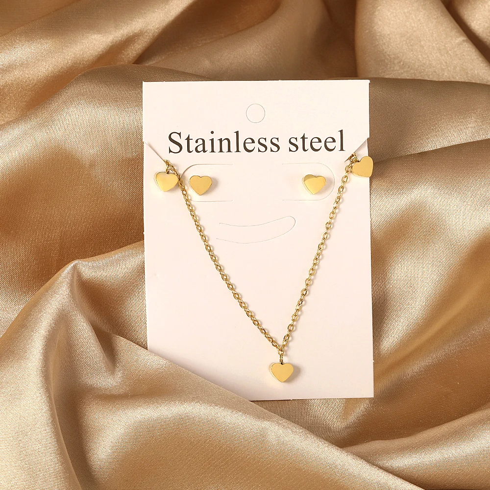 Trendige Edelstahl-Herz-Mond-Anhänger Halskette und Ohrring-Sets, Minimalistischer Metall-Charm für Frauen, Goldfarben, Wasserdicht, Geburtstagsgeschenk
