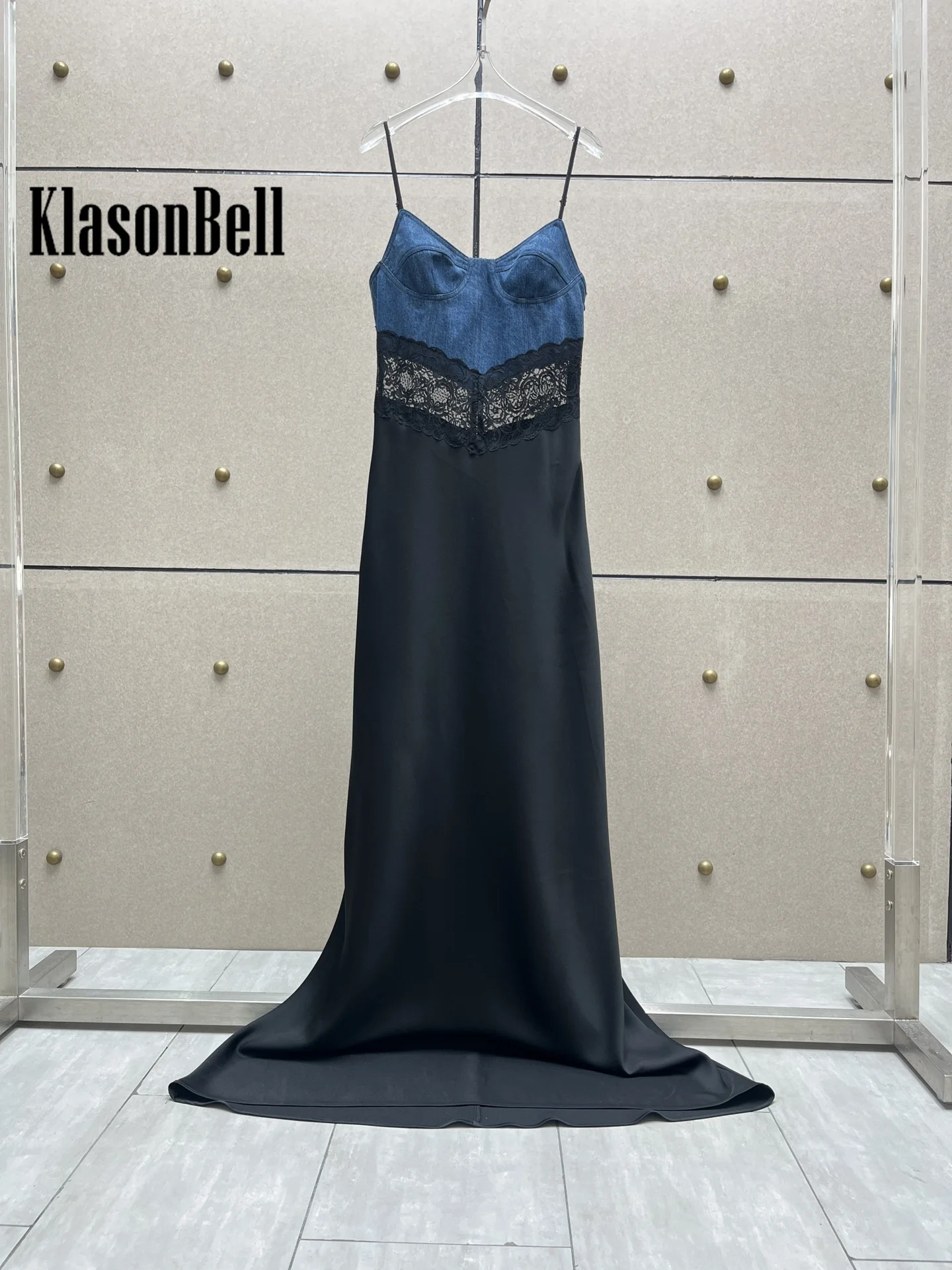 8.31 KlasonBell Women Fashion Denim Spliced Lace Maxi Evening Dress Elegant Sexy Strapless Spaghetti Strap Slim Banquet Dress