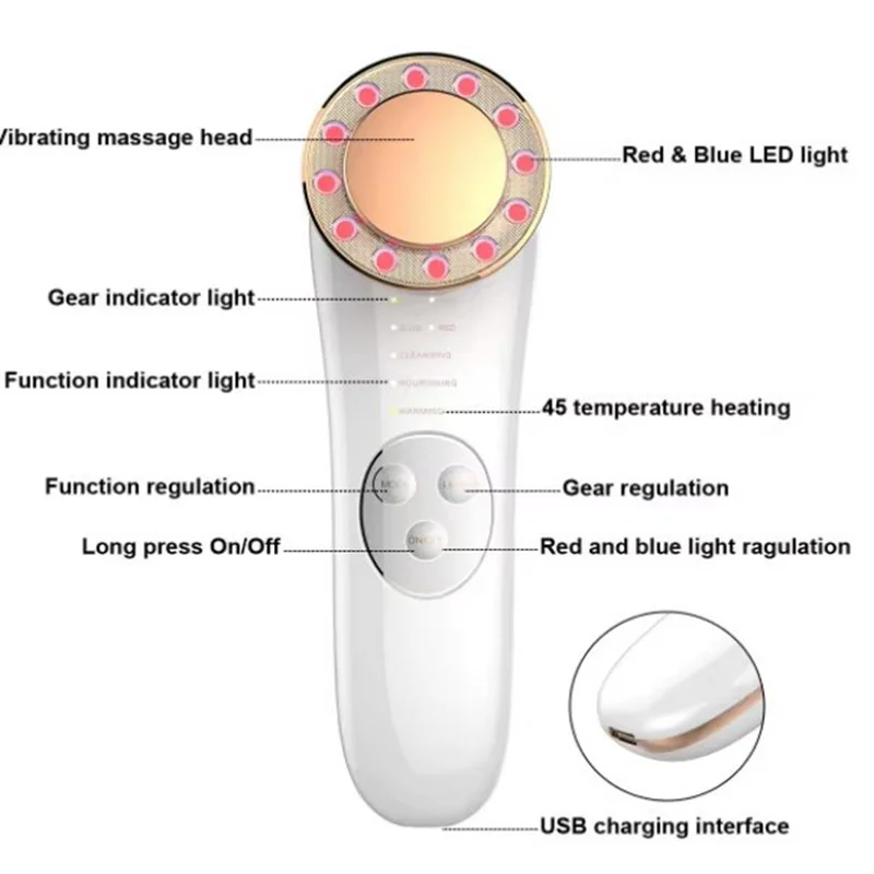 อุปกรณ์ความงามบนใบหน้าไอออนแสงสีพร้อมนวดอุ่นและเซรั่มแช่ น้ํายาทําความสะอาดผิวแบบชาร์จไฟได้เพื่อการฟื้นฟูผิว