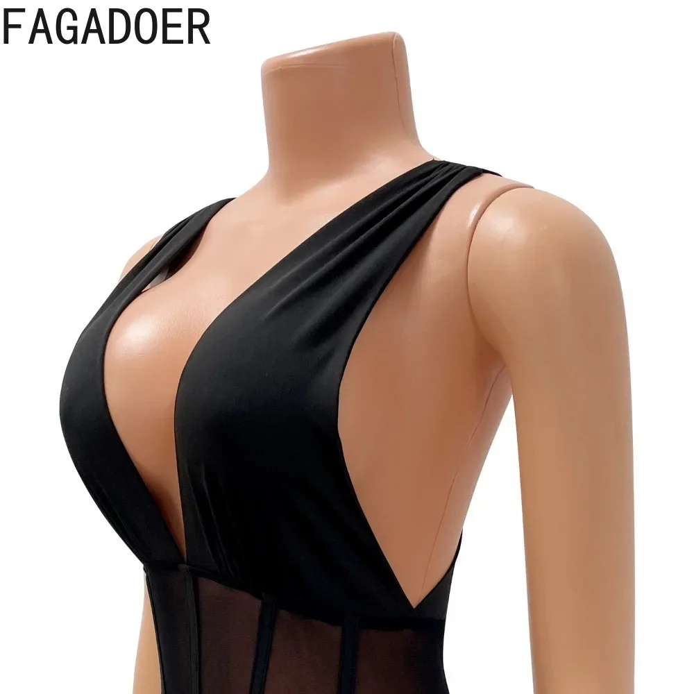 FAGADOER Black Sexy Mesh Perspective Stitching Bodycon One Pieces Rompers Women Deep V Sleeveless Slim Jumpsuits Female Overalls