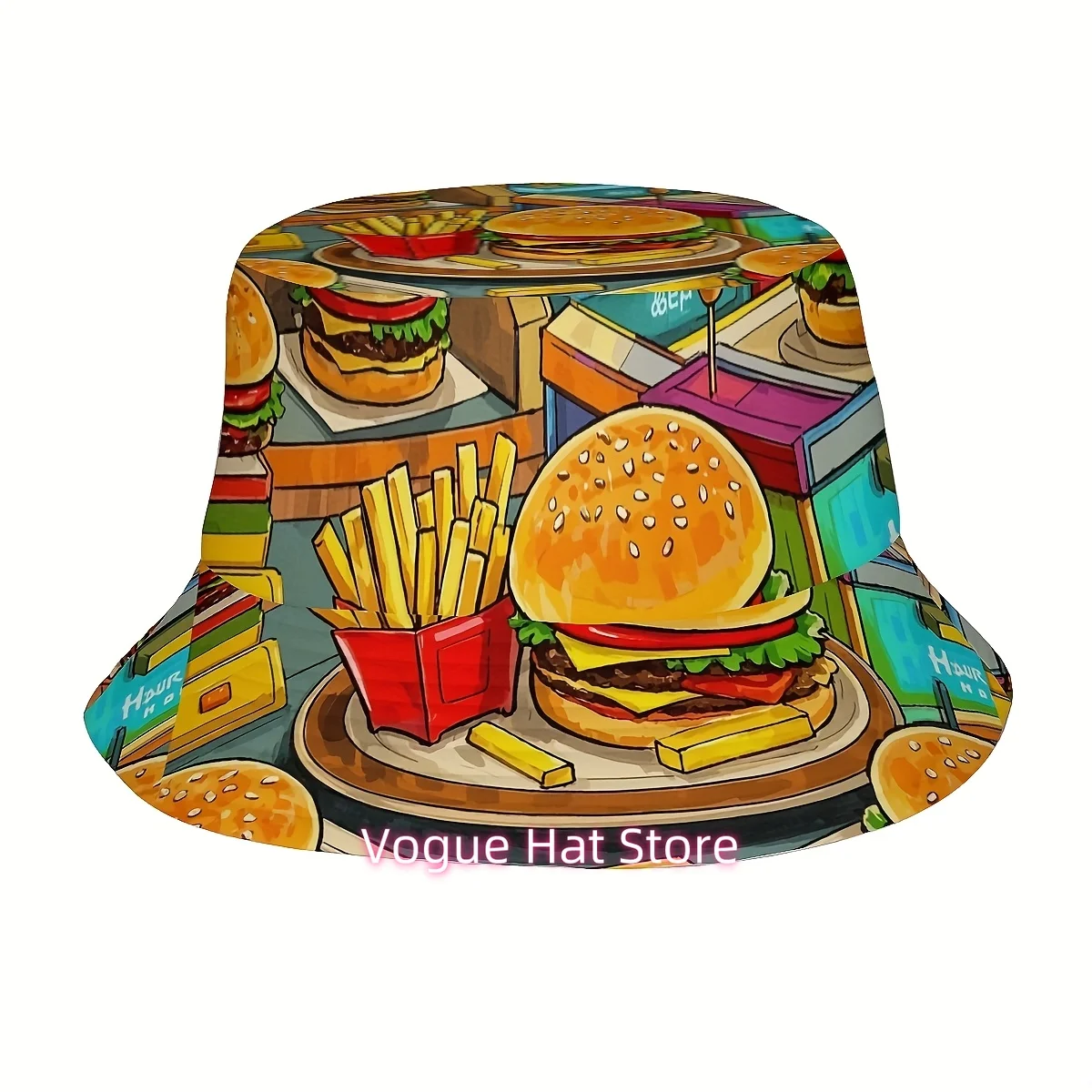 1pc Unisex Burger Fries Print Fisherman Hat - Vibrant Fast Food Design, Casual Outdoor Vacation Hat for Men & Women, Perfect for