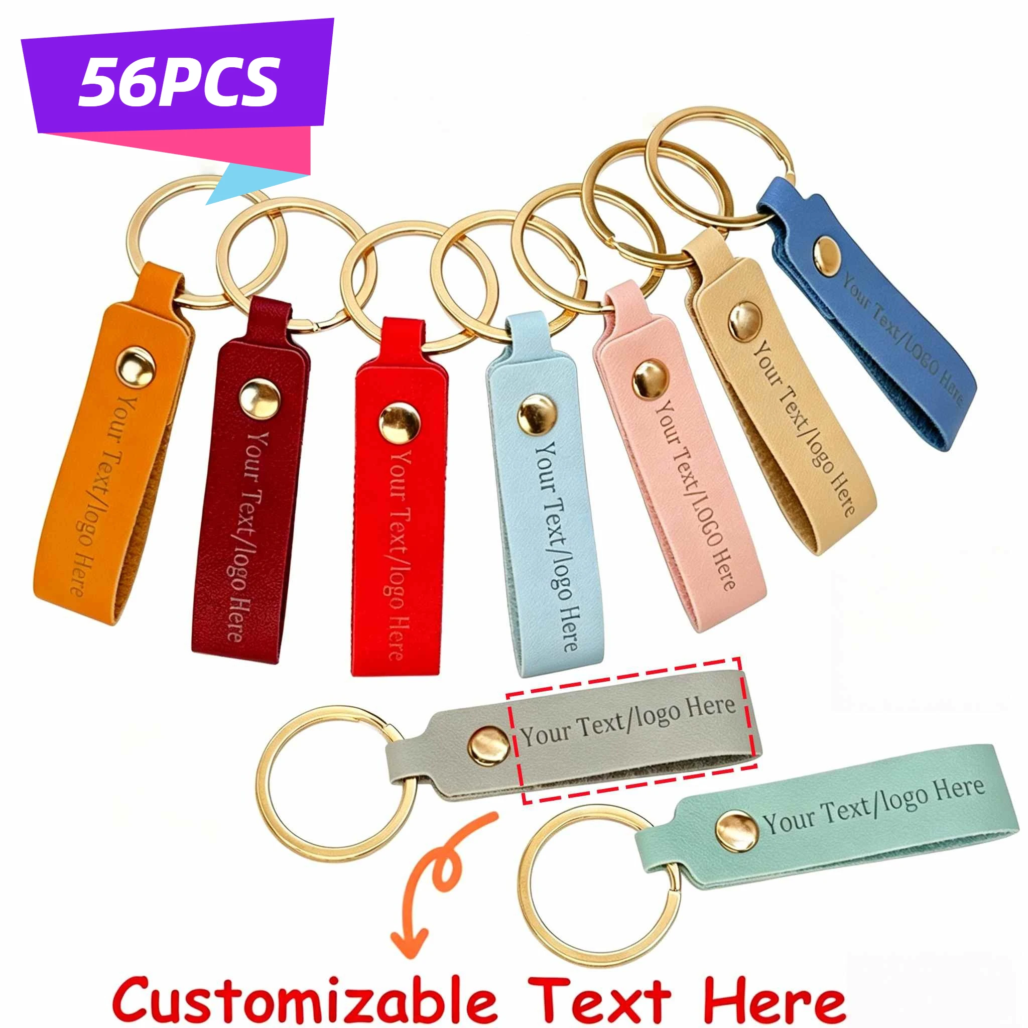 56PCS Customizable Faux Leather Keychain Blanks Bulk Laser Engraving Blanks Keychain Kit with Key Rings for Key Chains Crafts
