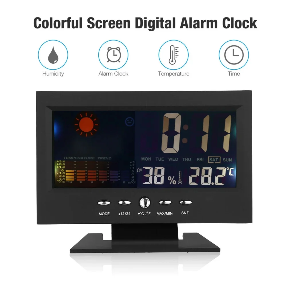 Radio Despertador con pantalla táctil controlada por voz de Color grande, Cable USB, prueba de humedad, estación meteorológica 5 en 1