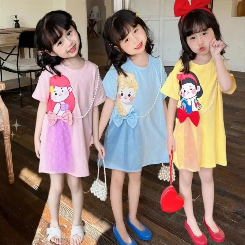 Girls Short-Sleeved Dress Princess Skirt Summer Girl's Trendy Mesh Cartoon Dress Loose Casual Skirt Children Trendy Princess