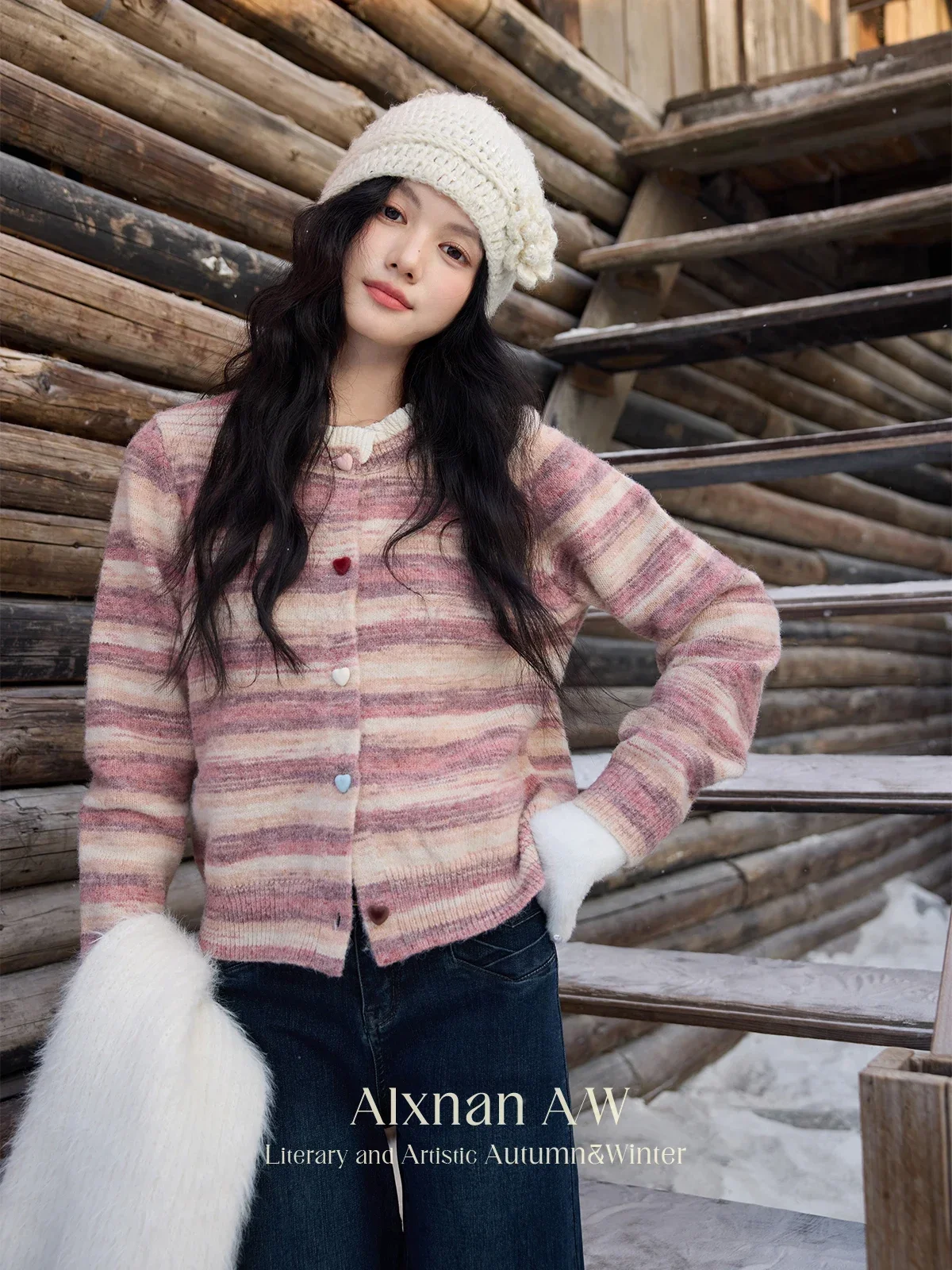 ALXNAN Fake 2 Piece Striped Cardigans for Women Patchwork Ruffled O-neck Log Sleeve Heart Buttons Sweaters Winter Clothes L52371