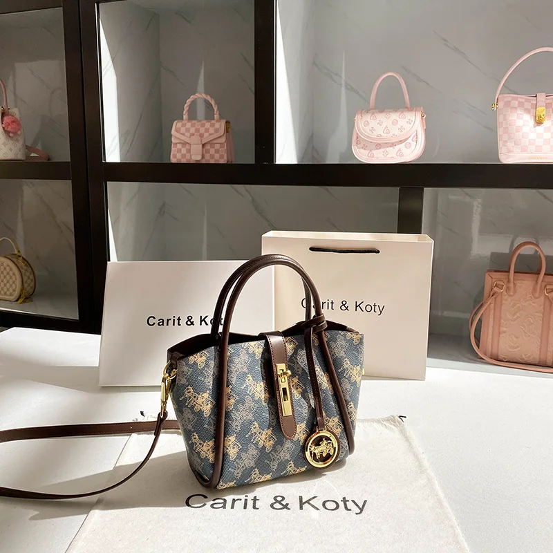 Handbag Vintage Print Market Women's Bag New High End Color Block Shoulder Bag Bucket Top Handle Bags Fashion Casual