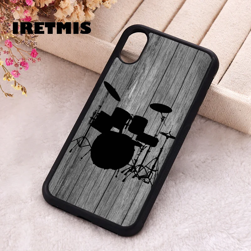 Iretmis Phone Cover Cases For iPhone X XS Max XR 11 12 13 PRO MINI 14 15 16 Plus Rubber Silicone Drums Set on Wood