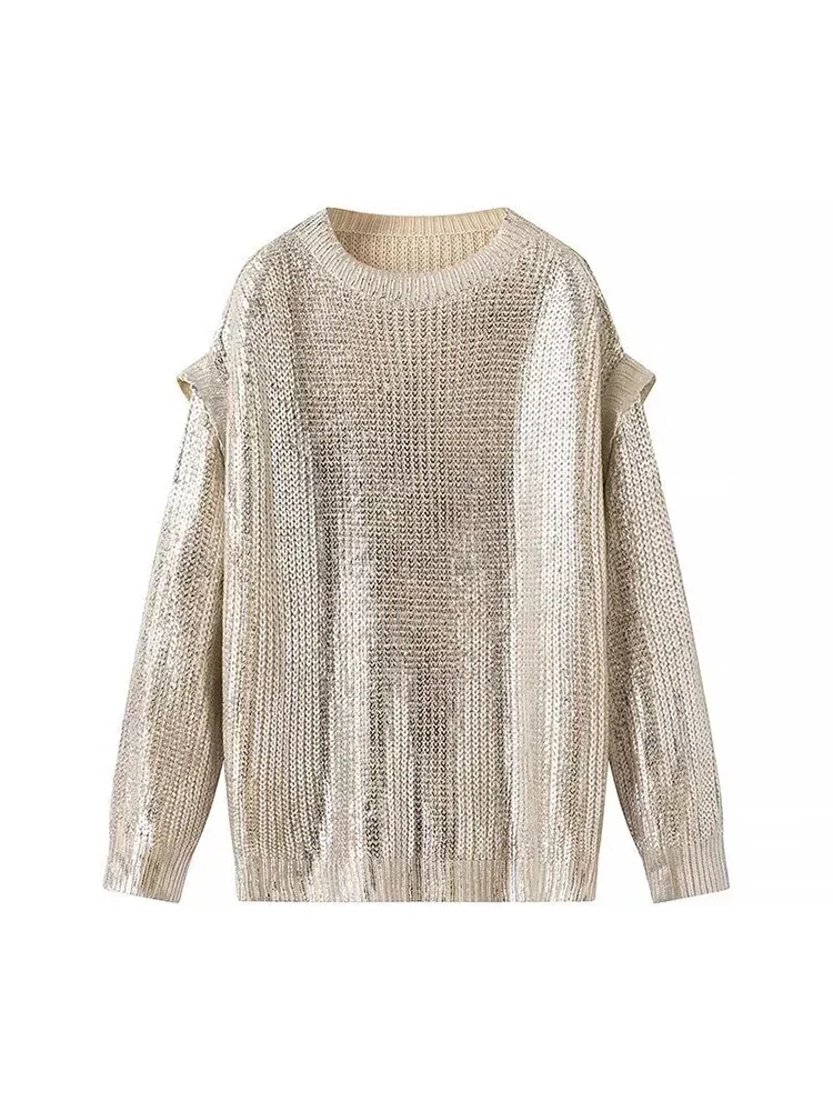 

Willshela Women Fashion Beige Pullover Knitted Sweater Vintage O-Neck Long Sleeves Female Chic Lady Tops