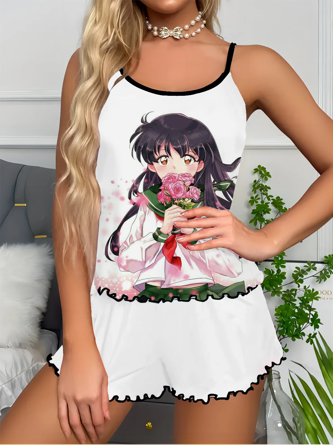 Pajamas Women's Pajama Set Anime Inuyasha Print Soft Camisole Top Shorts with Playful Ruffled Top and Shorts Set