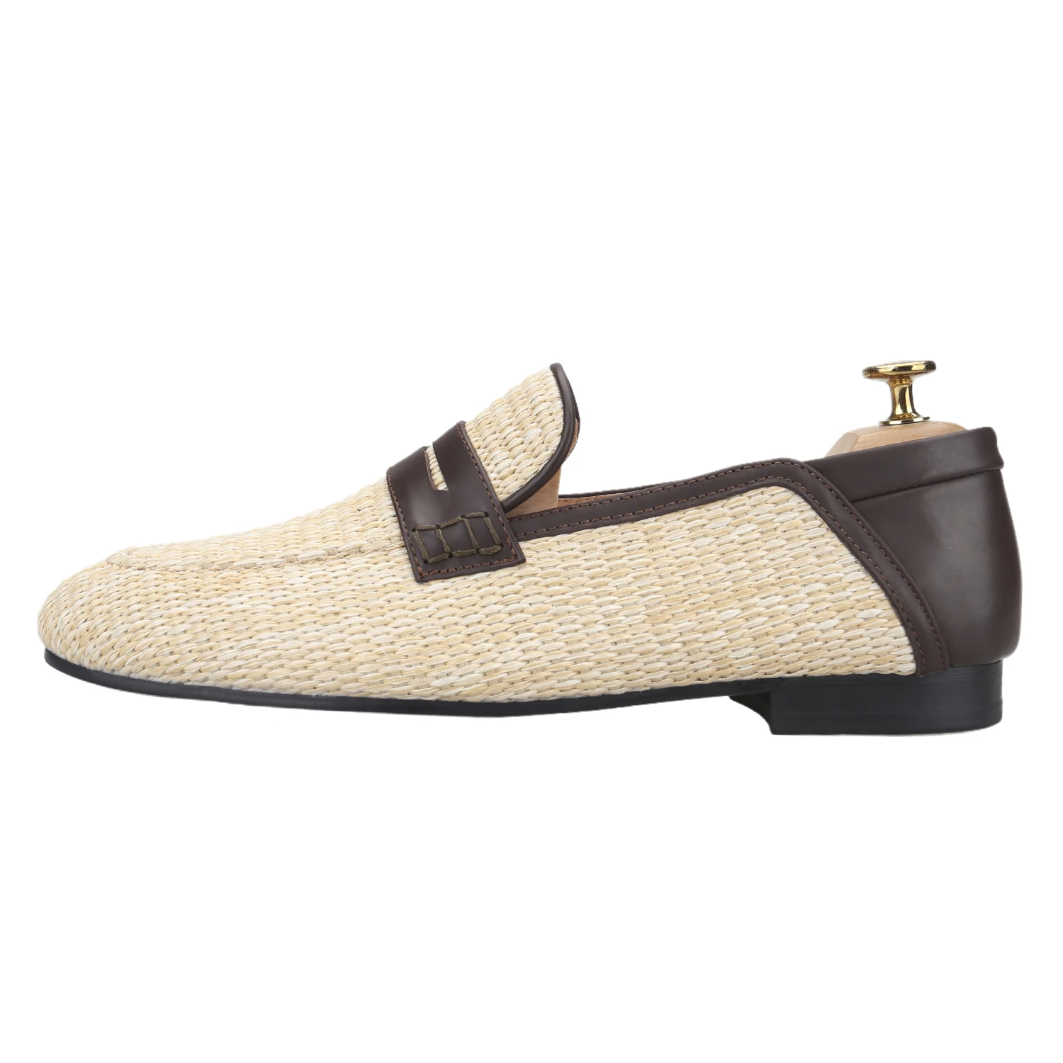 Piergitar Raffia Woven Patchwork Genuine Leather Penny Loafers With Hand-Stitched Crossband Men's Vacation Style Slip-On Shoes