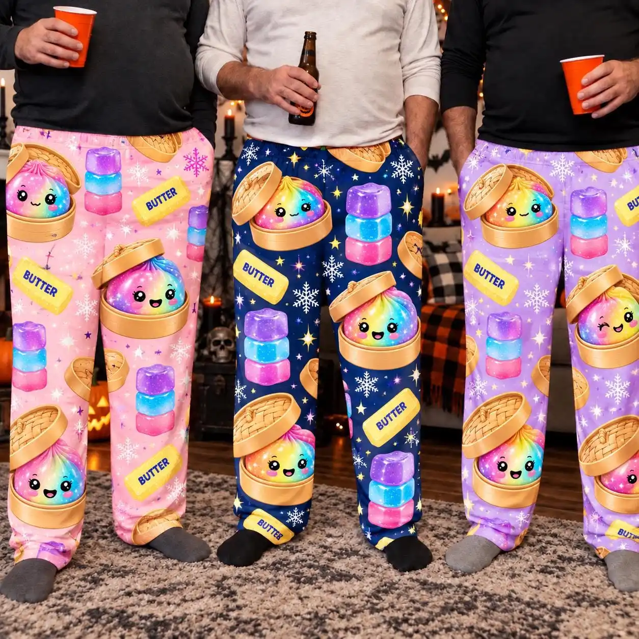 Men Christmas Lounge Pants Cute Cartoon Dumpling Candy Snowflake Print Funny Casual Home Sleep Trousers Holiday Party Wear