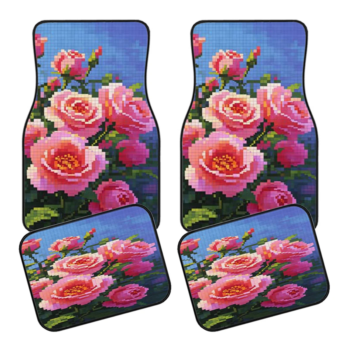 Juego de 5 Alfombrillas para Auto + Alfombrilla para Maletero |   Material para Alfombras |   Compatible con Sedanes/SUVs/Camionetas |   Protección Interior para Todas las Estaciones |   Arte Pixelado de Rosas