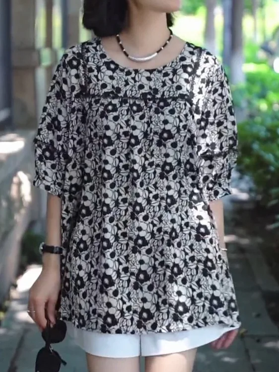 

Retro Floral Print Linen Loose Women's Shirt Cool Slimming Summer Casual Top Comfortable Breathable Short Sleeve round Neck