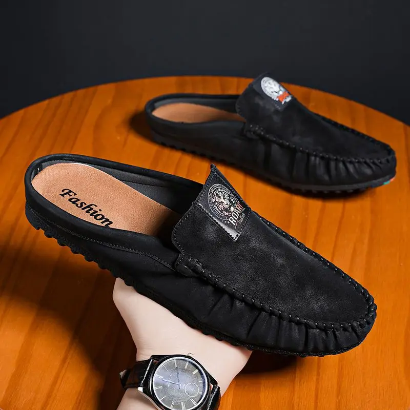 Leather Men\'s Shoe Male Slipper Mules Outdoor Slides Flat Half Cheap Shoes Liquidation Low Price Trend 2024 Summer Sale Fashion