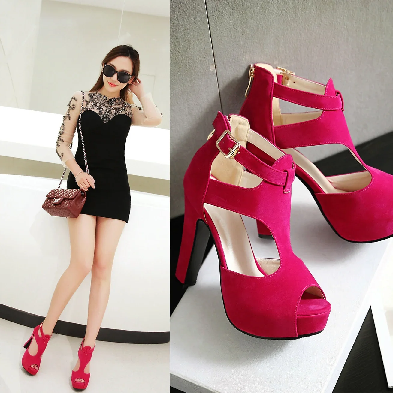 Summer Gladiator Women Platform Sandals High Block Heel Peep Toe Black Red Buckle T-srap Zipper Casual Dress Office Ladies Shoes