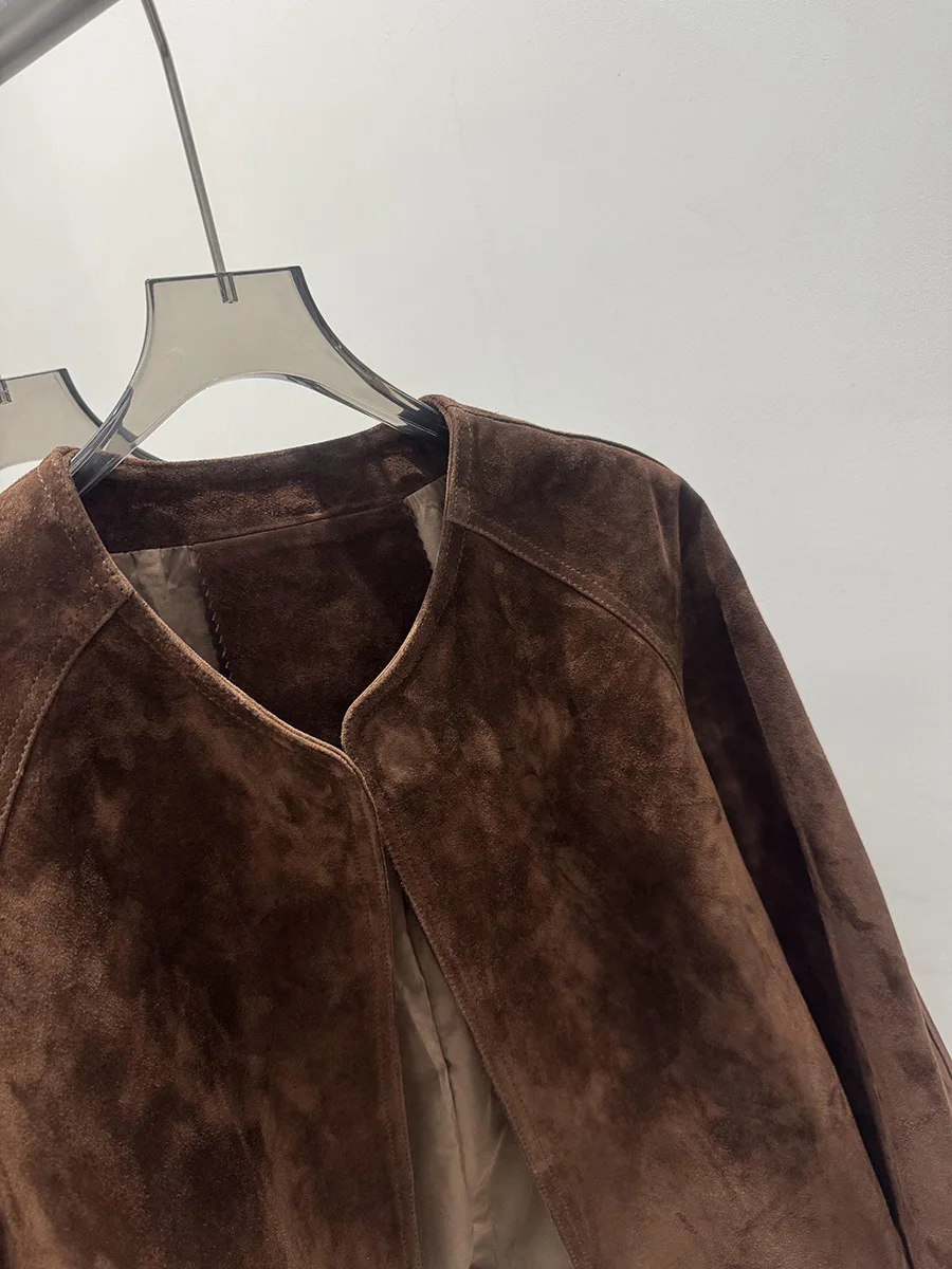 Herfst/winter minimalistische vintage geitenleer suède leren jas met ronde hals voor dames