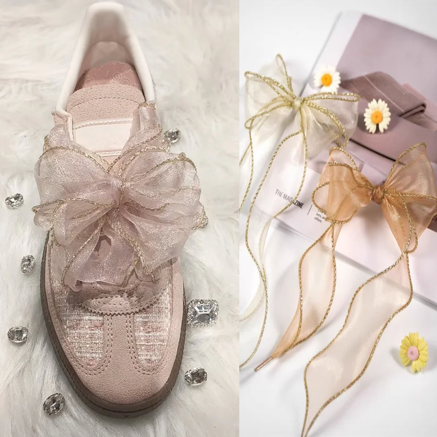 Organza Shoelaces Laser Gold Trim Chiffon Fish Tail Yarn DIY Refit Shoelace for Sneakers Casual Shoes Sport Sandals Dexun Shoes