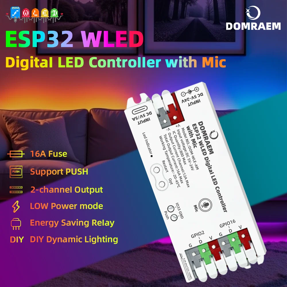 DOMRAEM ESP32 WLED Adressierbarer LED-Controller 16A Austauschbare Sicherung Level-Shifter mit Mikrofon USB-C WS2811/12B/14/05 HA MQTT Alexa