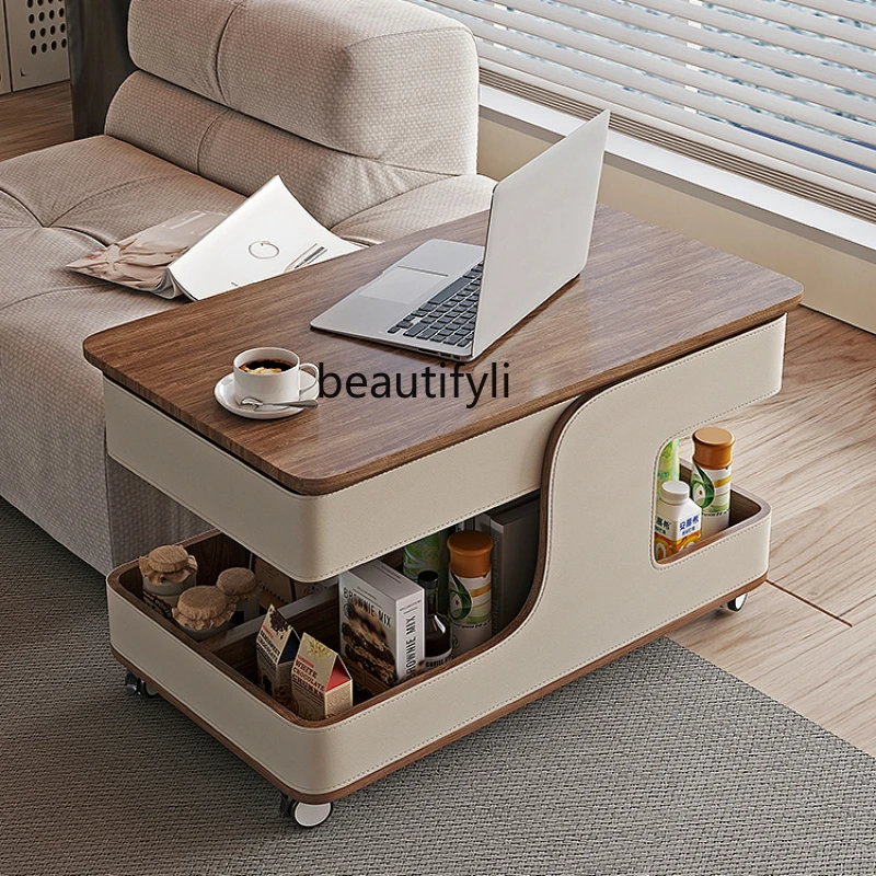 

Small Apartment Solid Wood Coffee Table Living Room Home Mobile Side Table Modern Minimalist Balcony Lifting Traveling Trolley