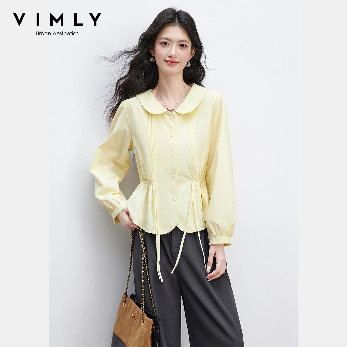 

Женская хлопковая блузка VIMLY 2026: Новая модная модель с воротником Питер Пэн, бантом и поясом на талии, повседневная рубашка с длинным рукавом 30736