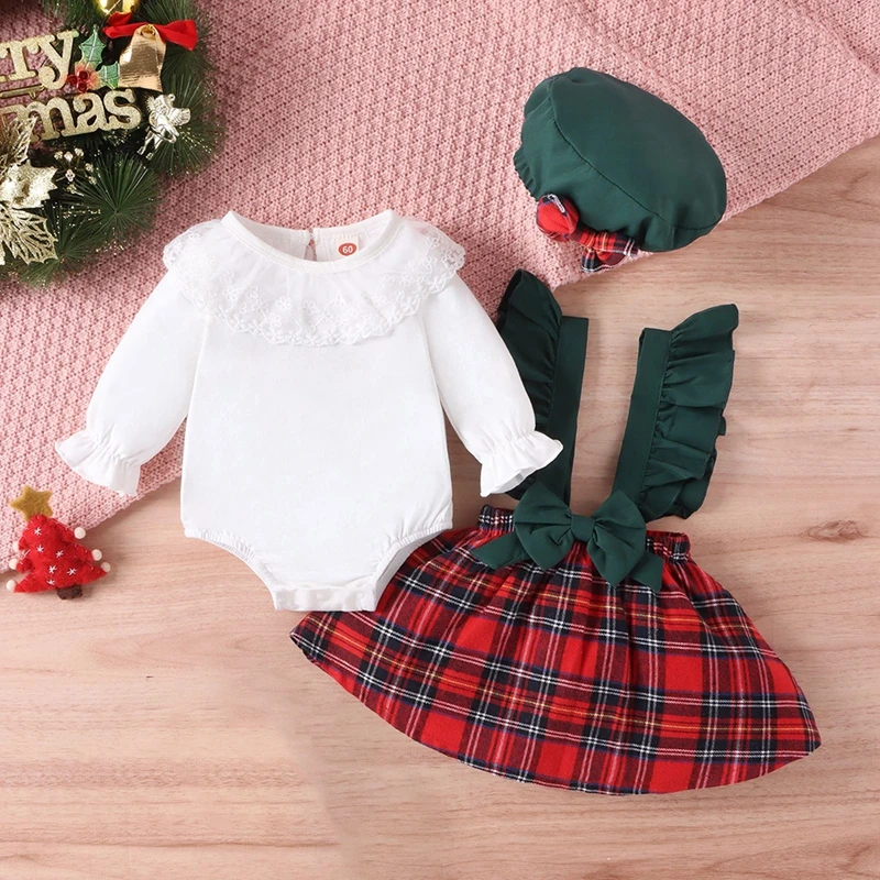 Baywell Baby Christmas Girls Dresses Lace Ruffle Long Sleeve Rompers Bow Plaid Slip Dress Hat Xmas Infant Toddler 3Pcs Clothes