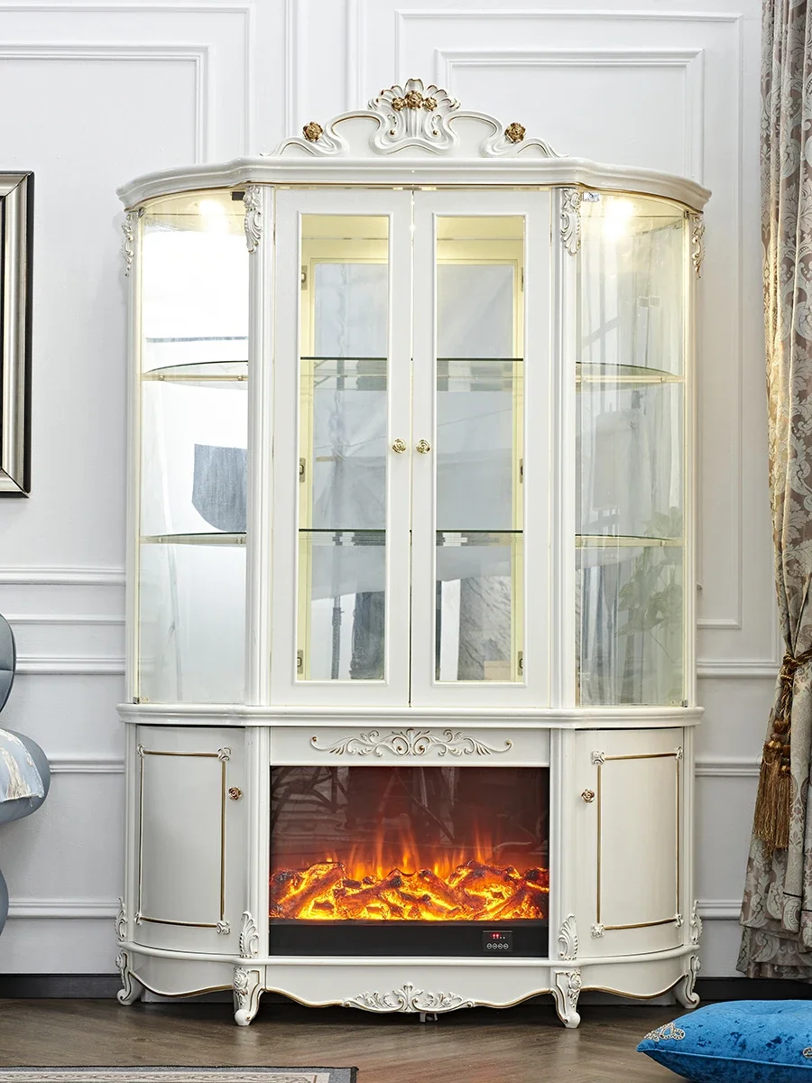 European style wine cabinet, living room, French style decoration, dining cabinet, storage, white luxury display with fireplace