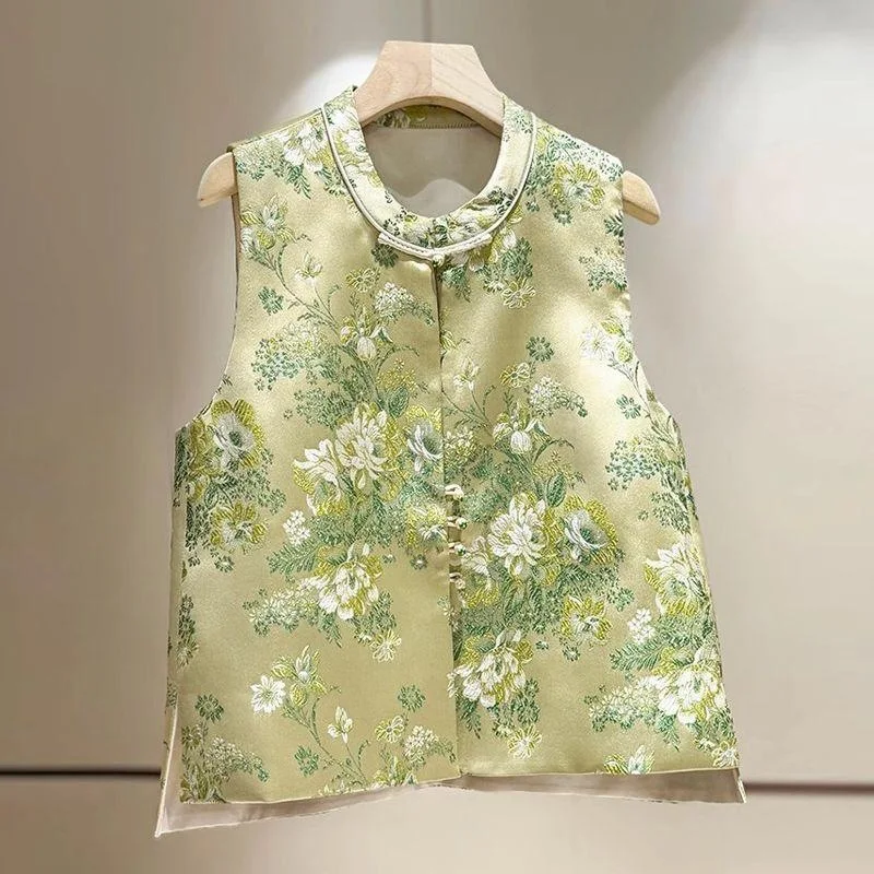 

Винтажный парчовый жилет женский, китайский костюм Тан, жилет на пуговицах, миниатюрная куртка в стиле ретро