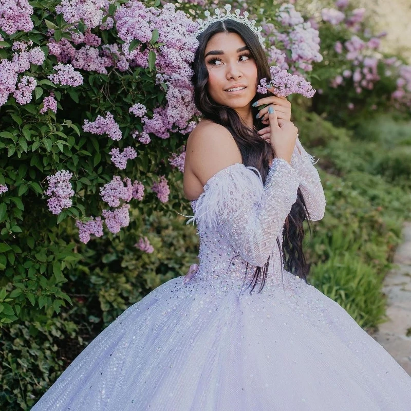 EVLAST мексиканское Лавандовое блестящее платье Quinceanera с длинными рукавами бусинами кристаллами перьями пайетками милое платье 16 лет TQD063