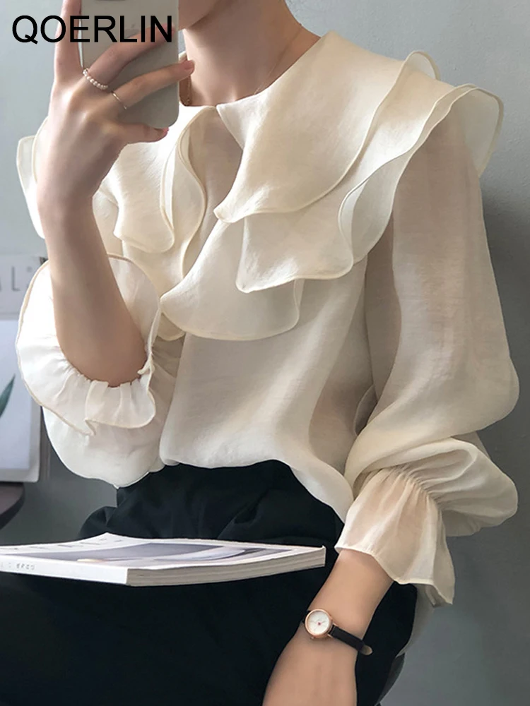 

QOERLIN Ruffles Design Blouse Women Summer Light Shirts Preppy Style Solid Color Flare Long Sleeve Tops Elegant Office Ladies