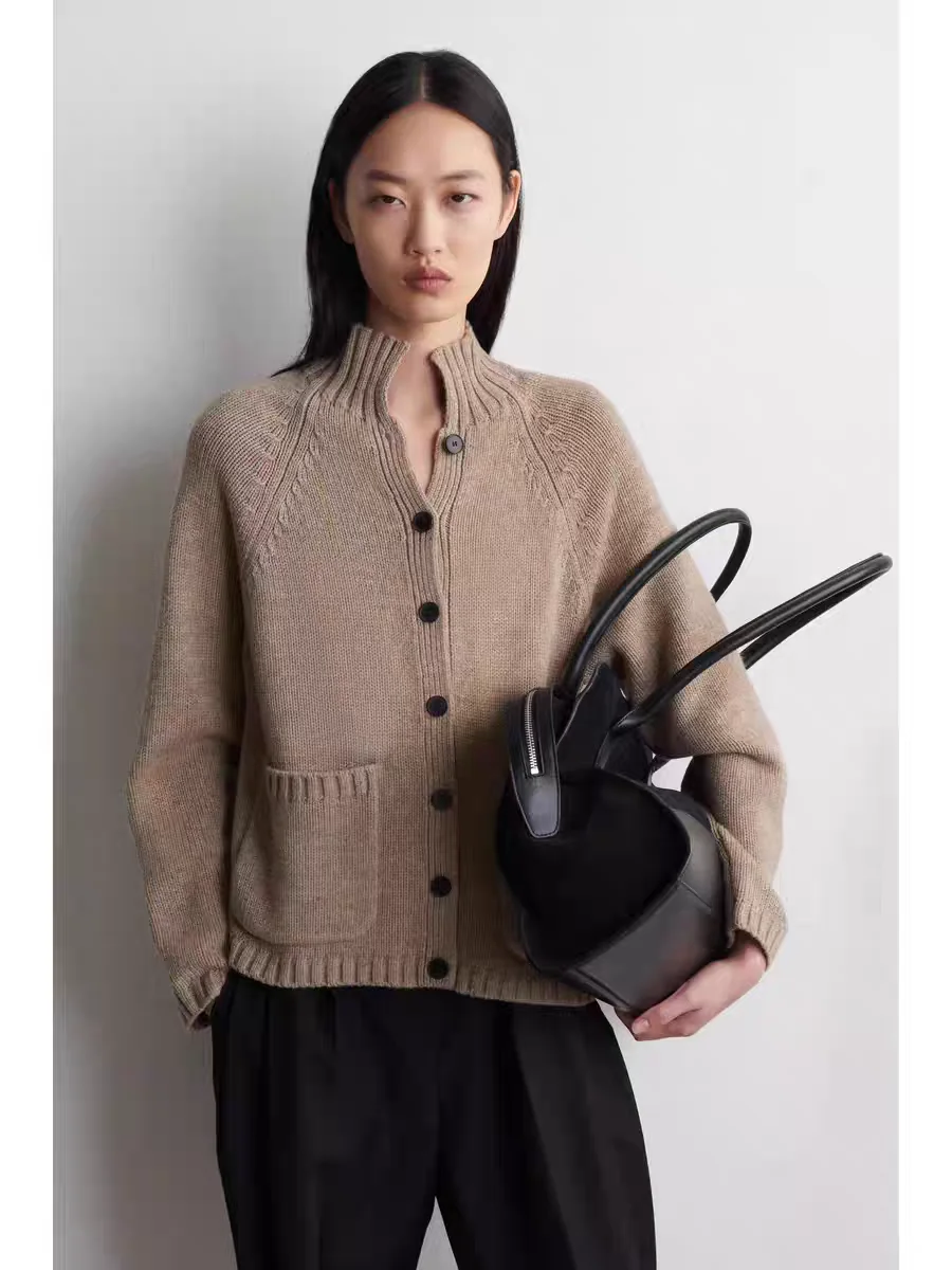 

Casual High Collar Button Cardigan Deep Beige New Spring Women's Knitted Woolen Sweater Comfortable Soft Long Sve Coat