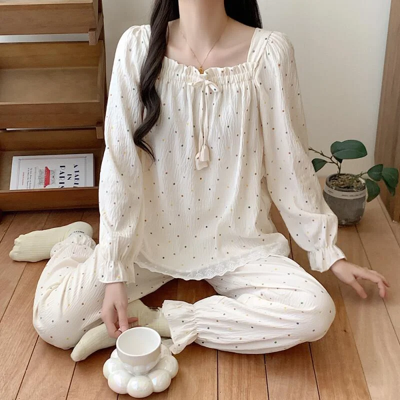 

Осенний новый минималистичный корейский стиль Ins, плиссированный дизайн, квадратный воротник, хлопковые брюки с длинными рукавами и облаками, комплект домашнего костюма, новый стиль