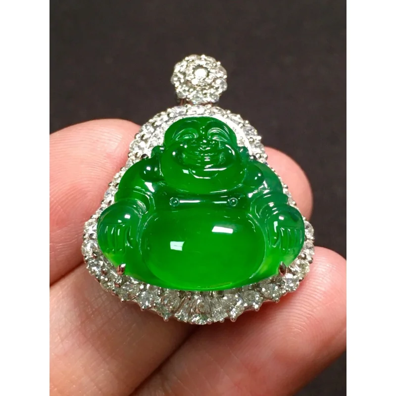 

Myanmar Emerald Icy Jadeite Inlaid Maitreya Buddha Pendant