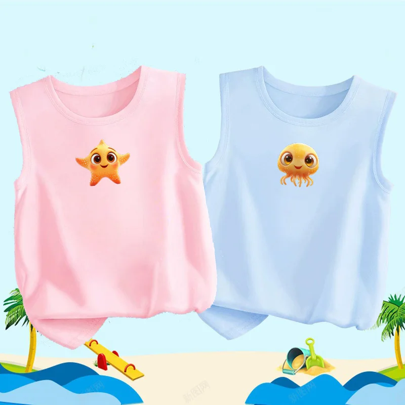 2026 Summer Sleeveless Soft Cotton Tees for Children Starfish Octopus Cute Tank Tops Loose Breathable Vest for Boys Girls