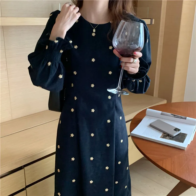 New Fashion Embroidery Flower Long Sleeve Dress for Women Streetwear Trendy High Waist Slimming Elegant Dresses Clothing