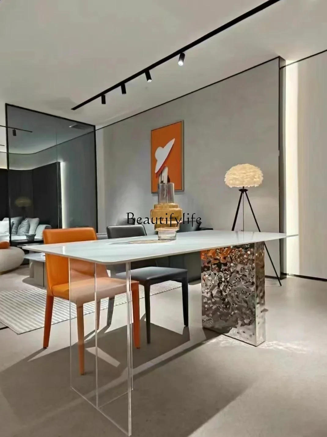 

FG44Acrylic Suspended Water Ripple Light Luxury Stone Plate Dining Table Cream Style Modern Minimalist
