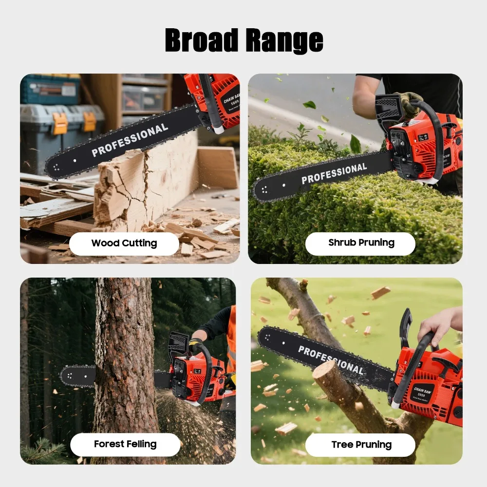 Gasoline Chain Saw, 20-Inch 58cc Gas Chainsaw, 2.6kW Powerful Engine, Auto Lubrication, Safety Brake, High Cooling Efficiency, Wood Cutting Tool