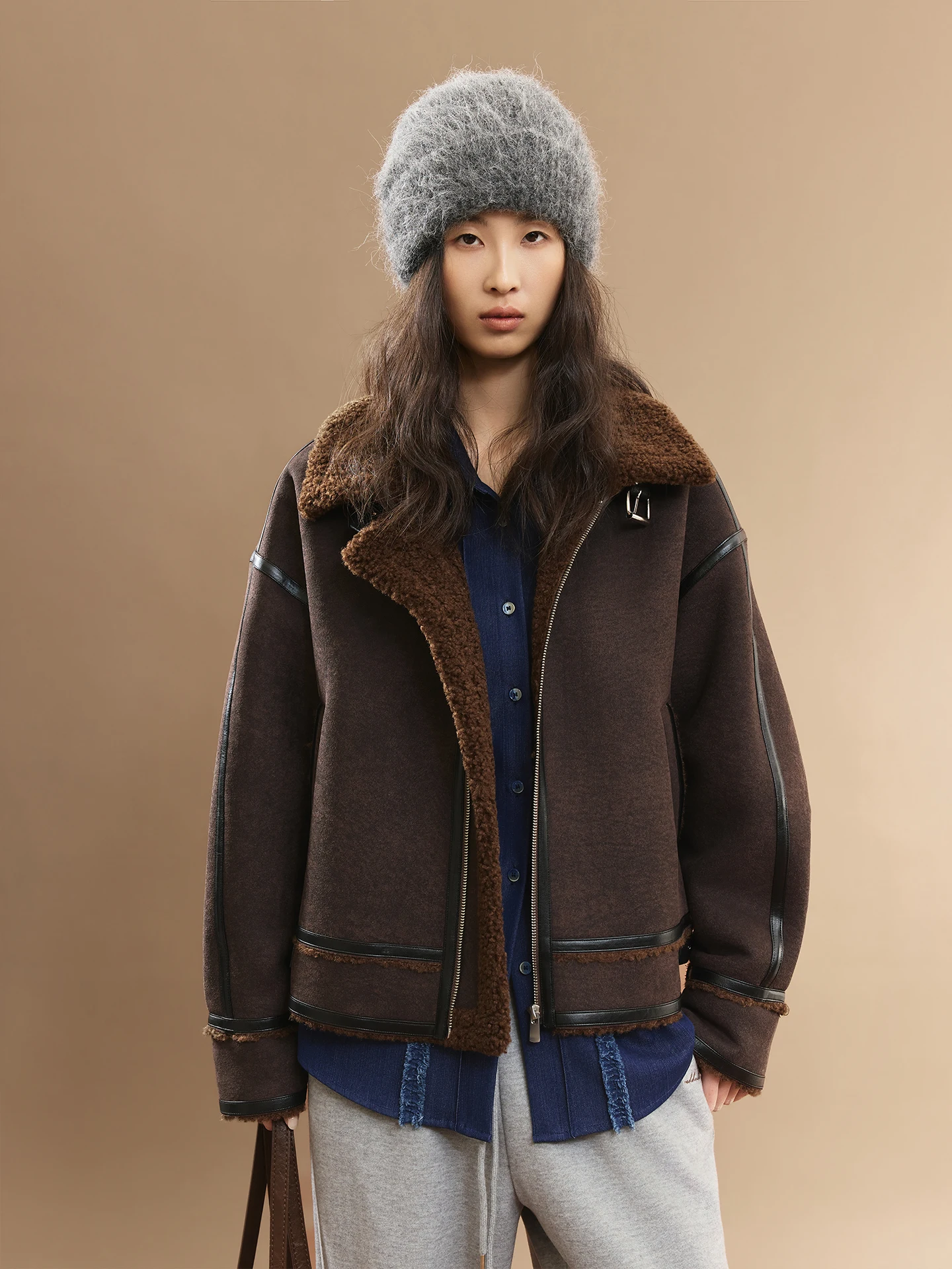 

CAREMIND Retro Motorcycle Sle Warm Fur Leather Inteated Jaet Women's Thiened Polyester ort Coat Spring Season